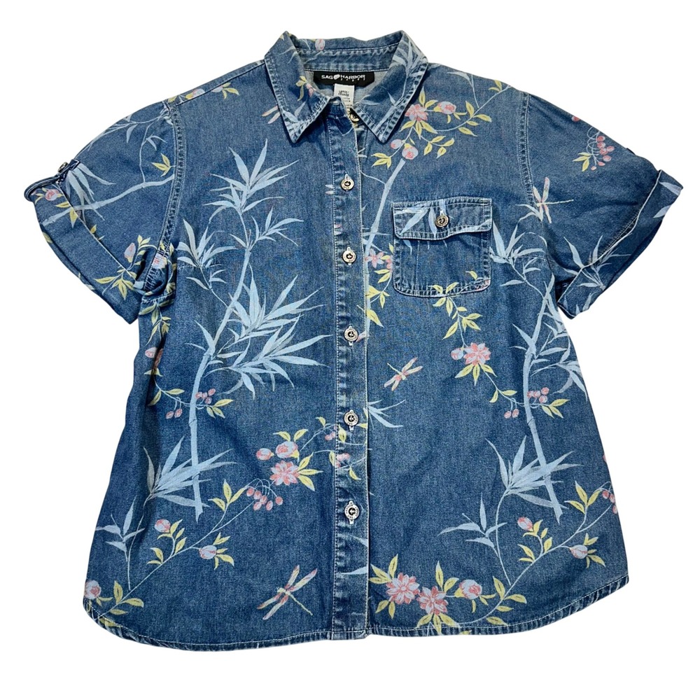Sag Harbor Denim Shirt Women Large Blue Floral Dragonfly Cotton Cottagecore Boho